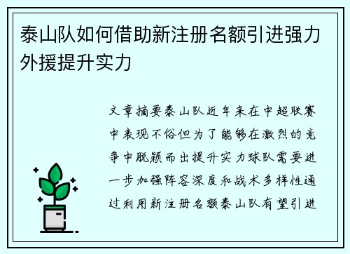 泰山队如何借助新注册名额引进强力外援提升实力